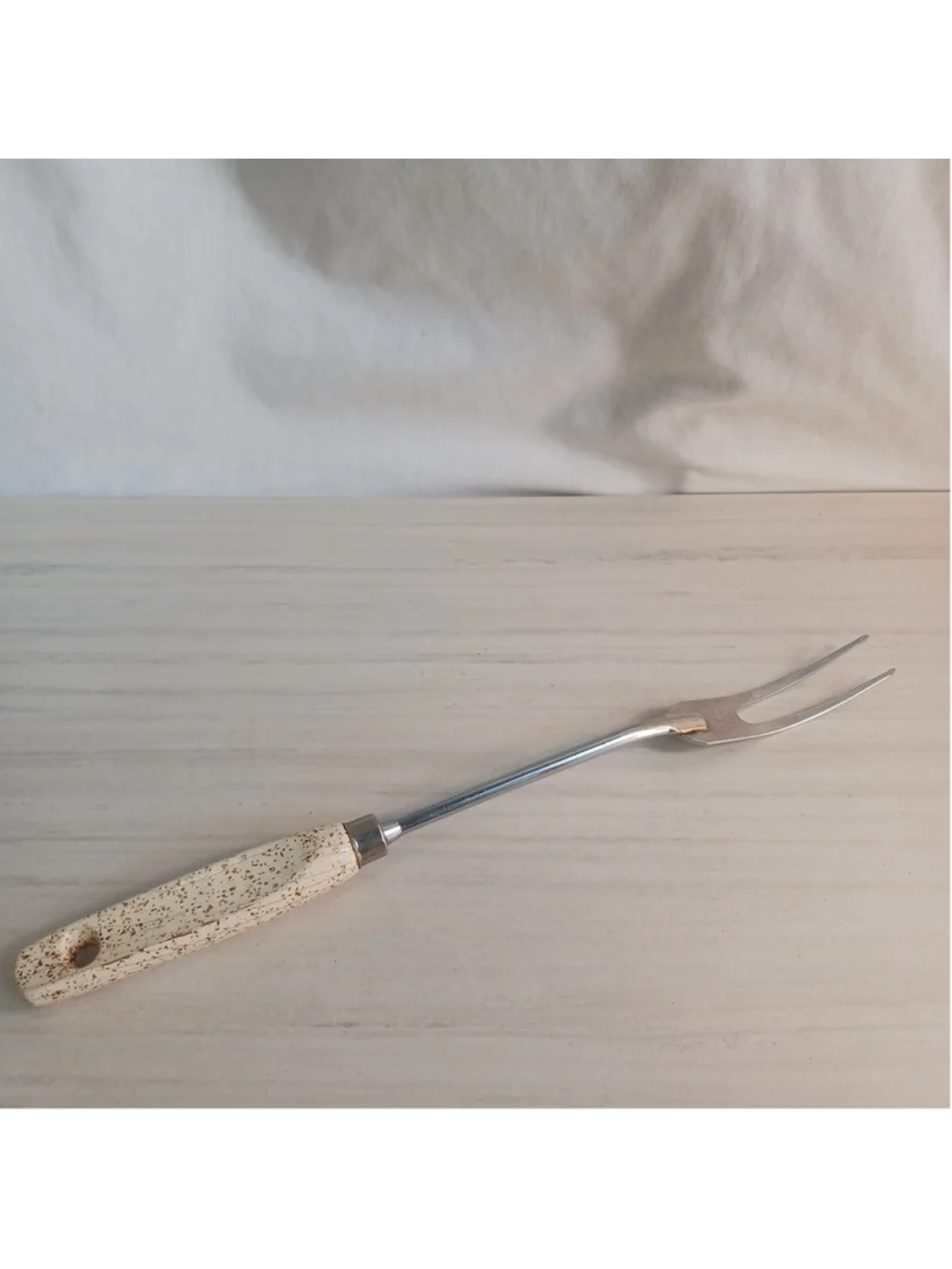 MCM Gold Fleck Ekco Eterna Stainless Steel Two Prong Serving Fork Wood Handle